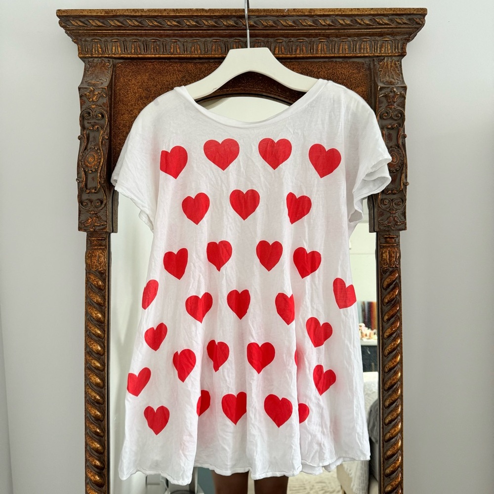 Wildfox Couture Heart Print Size S Cotton Swing Tshirt Deep V Red White Babydoll